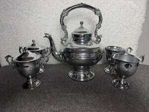 VTG Ornate Silverplate 5 Piece Tea Set Teapot Sugar Creamer Victorian Style-READ